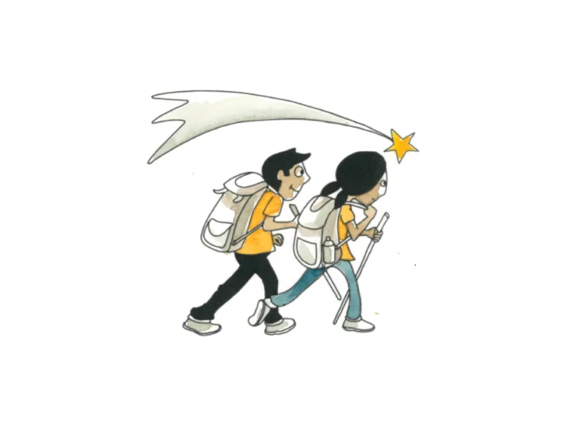 Two children setting out with a guiding star