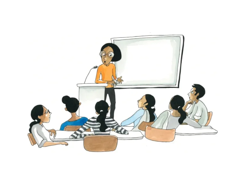 A learner presenting to a seated group